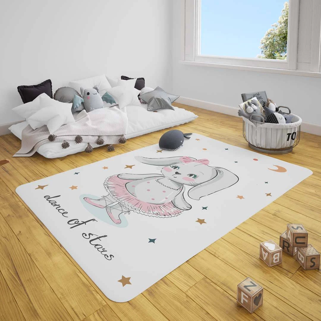 Balerin Tavşan Çocuk Halısı | Beyaz yıldızlar, ay Desenli
