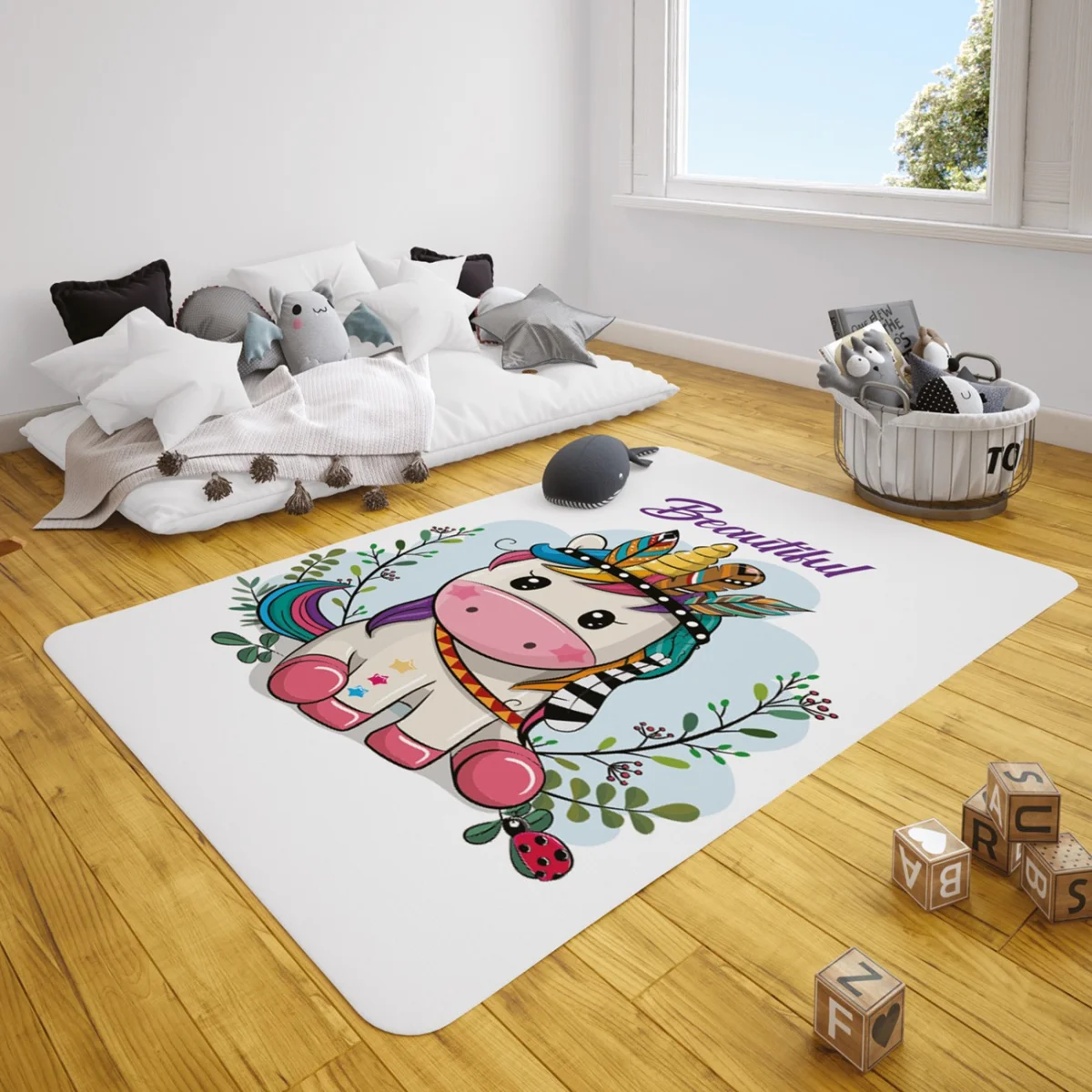 Unicorn Çocuk Halısı | Beyaz Yapraklar, bulut Desenli