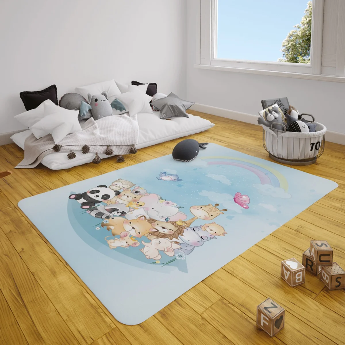 Orman Hayvanları Çocuk Halısı | Mavi gökkuşağı, bulutlar Desenli
