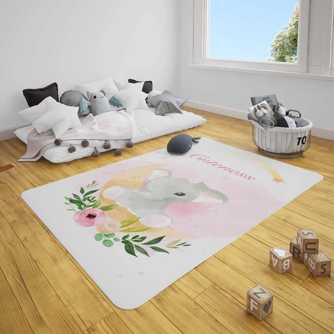 Fil, ay Çocuk Halısı | Beyaz pembe fiyonk, ay Desenli