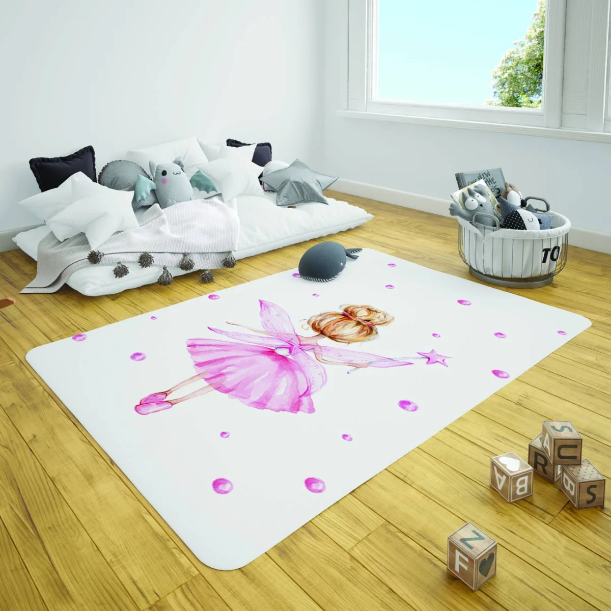 Peri Kız Çocuk Halısı | Beyaz pembe baloncuklar, sihirli yıldız Desenli