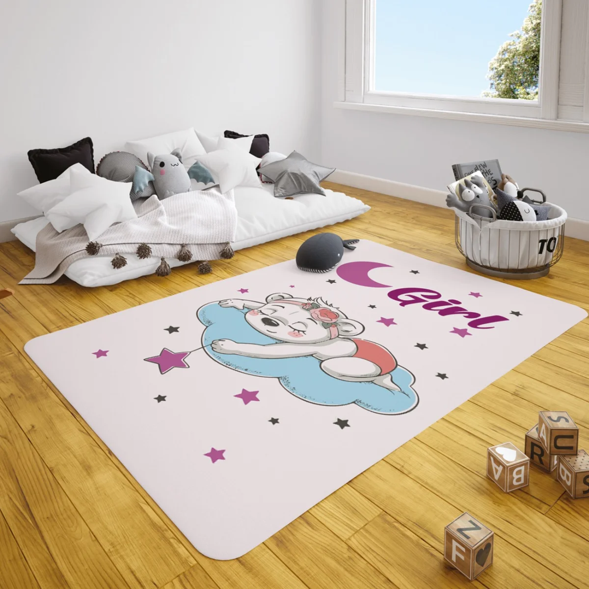 Uyuyan Ayıcık Çocuk Halısı | Lila yıldız, bulut Desenli