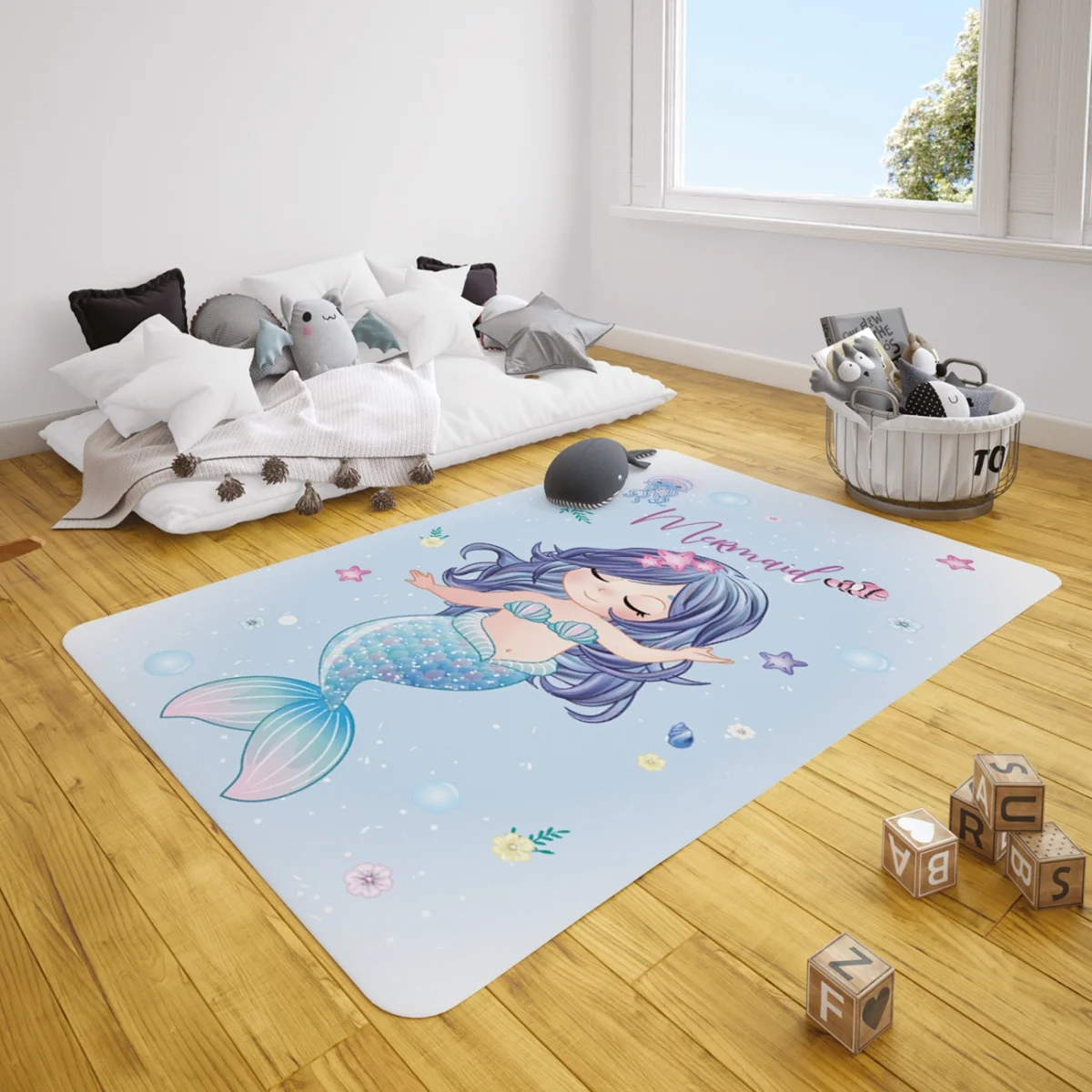 Denizkızı Çocuk Halısı | Mavi Deniz canlıları, yıldızlar Desenli