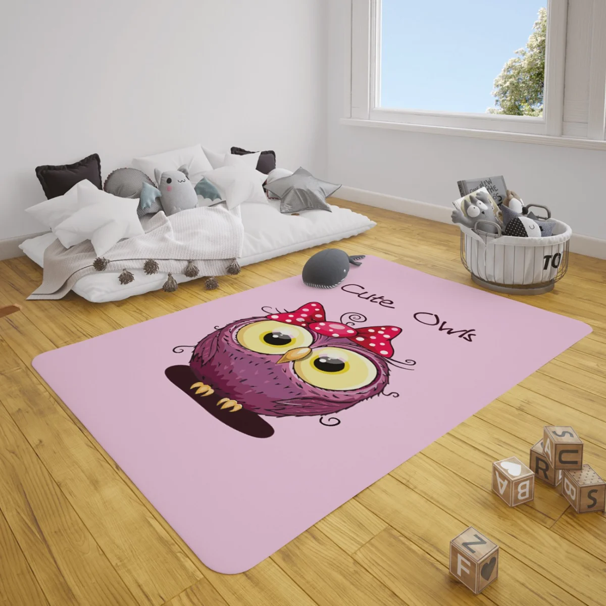 Baykuş Çocuk Halısı | Pembe sevimli mor baykuş, puantiyeli fiyonk Desenli