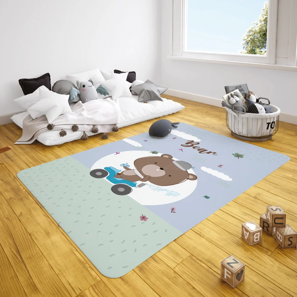 Araç süren ayıcık Çocuk Halısı | Mavi bulutlar, çimen Desenli