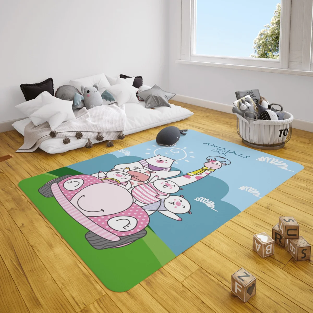 Orman Hayvanları Çocuk Halısı | Mavi bulut, güneş Desenli