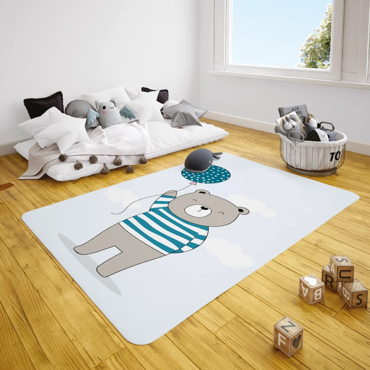 Ayıcık Çocuk Halısı | Mavi bulutlar, balon Desenli