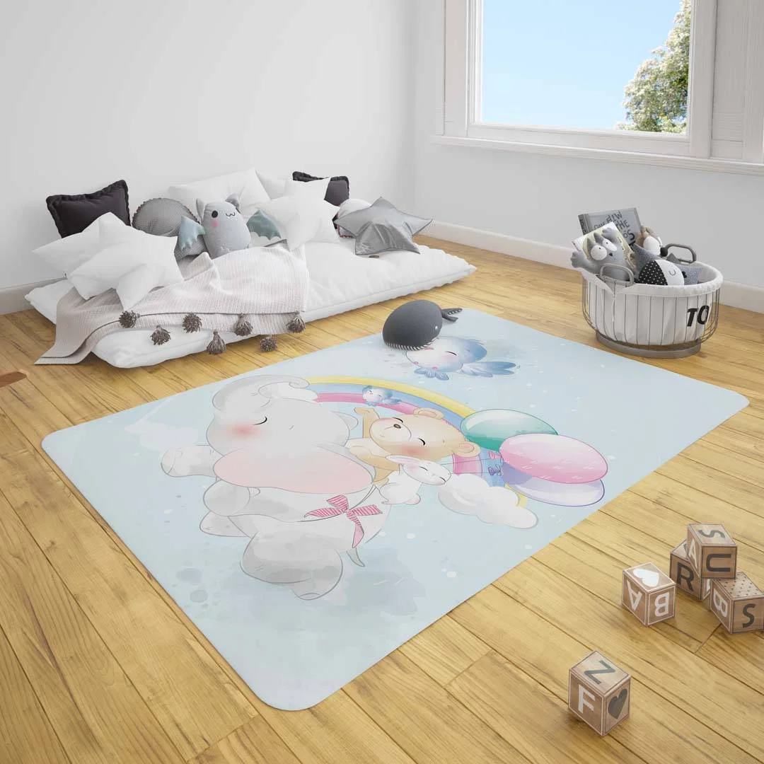 Sevimli Hayvanlar Çocuk Halısı | Mavi bulut, gökkuşağı Desenli