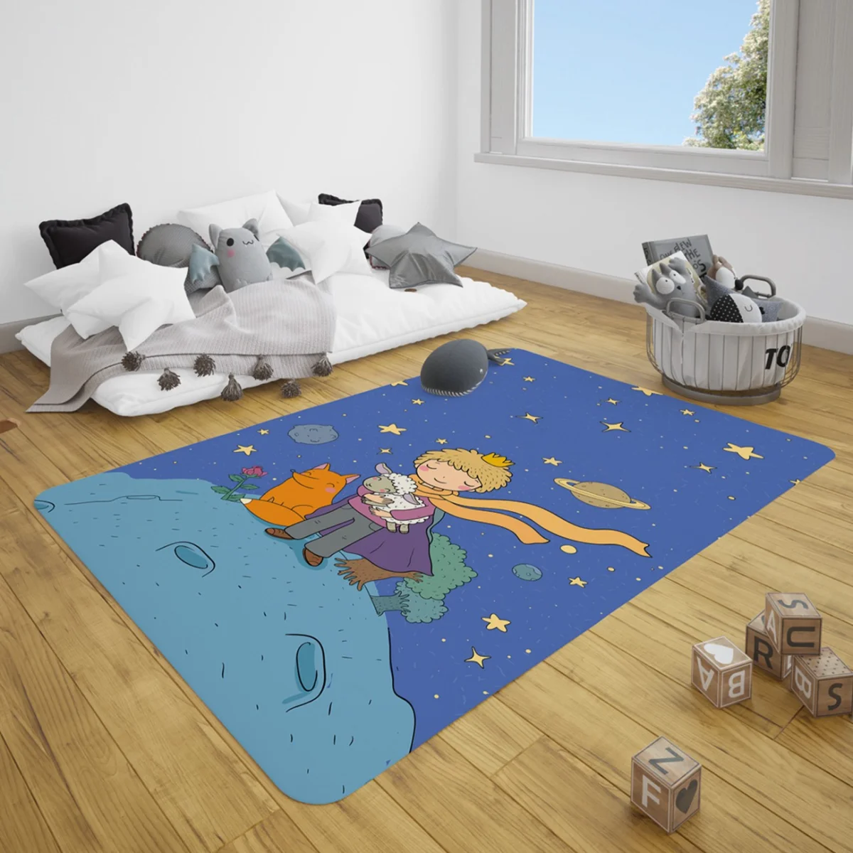 Küçük Prens, Uzay Çocuk Halısı | Mavi yıldız, gezegen Desenli