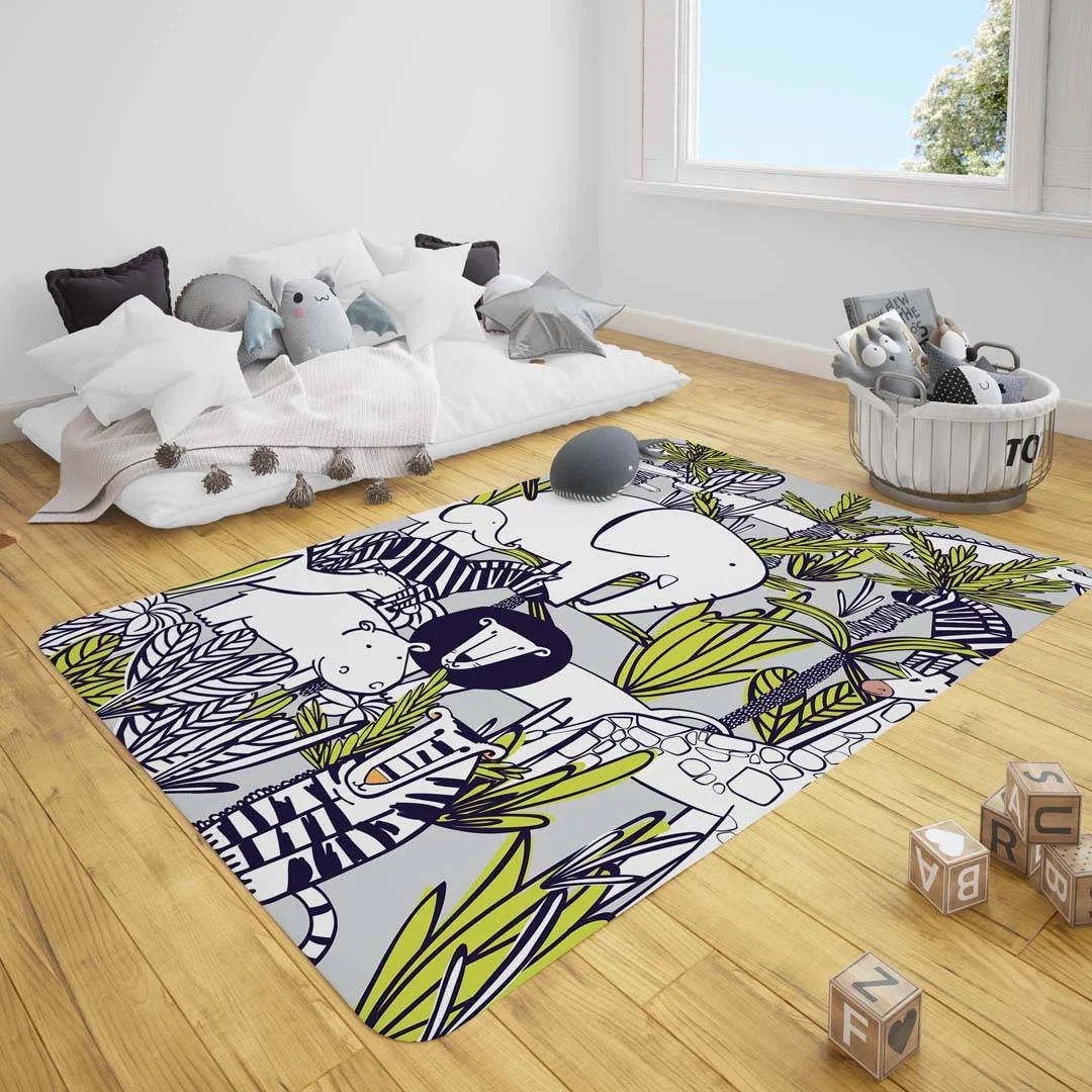 Orman Hayvanları Çocuk Halısı | Gri tropikal yapraklar, bitkiler Desenli