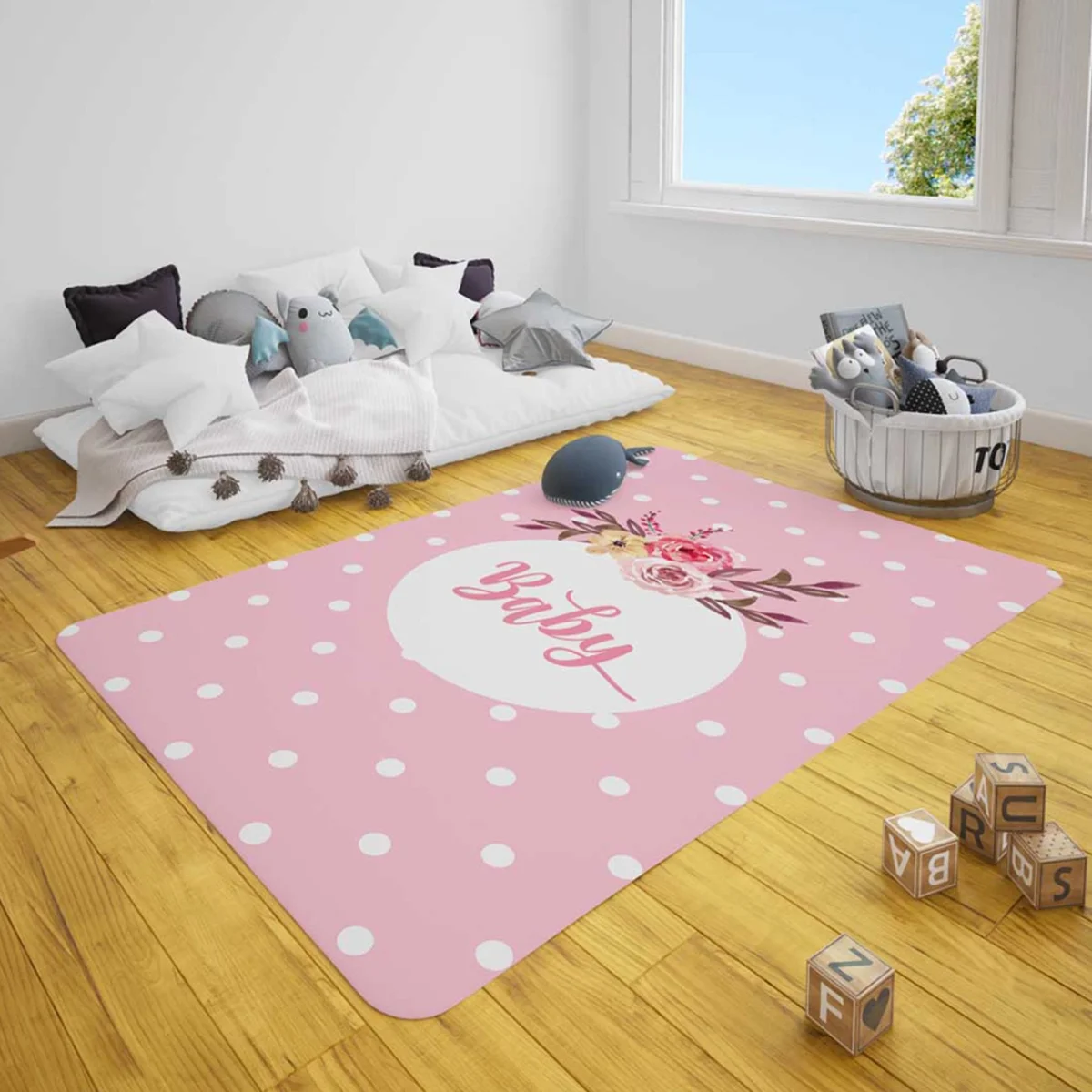 Çiçekli Baby Çocuk Halısı | Pembe beyaz puantiye, çiçekler Desenli