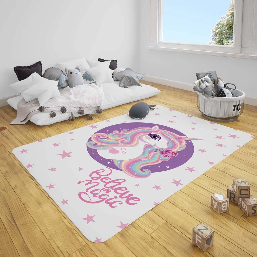 Unicorn Çocuk Halısı | Beyaz yıldızlar, gökkuşağı Desenli
