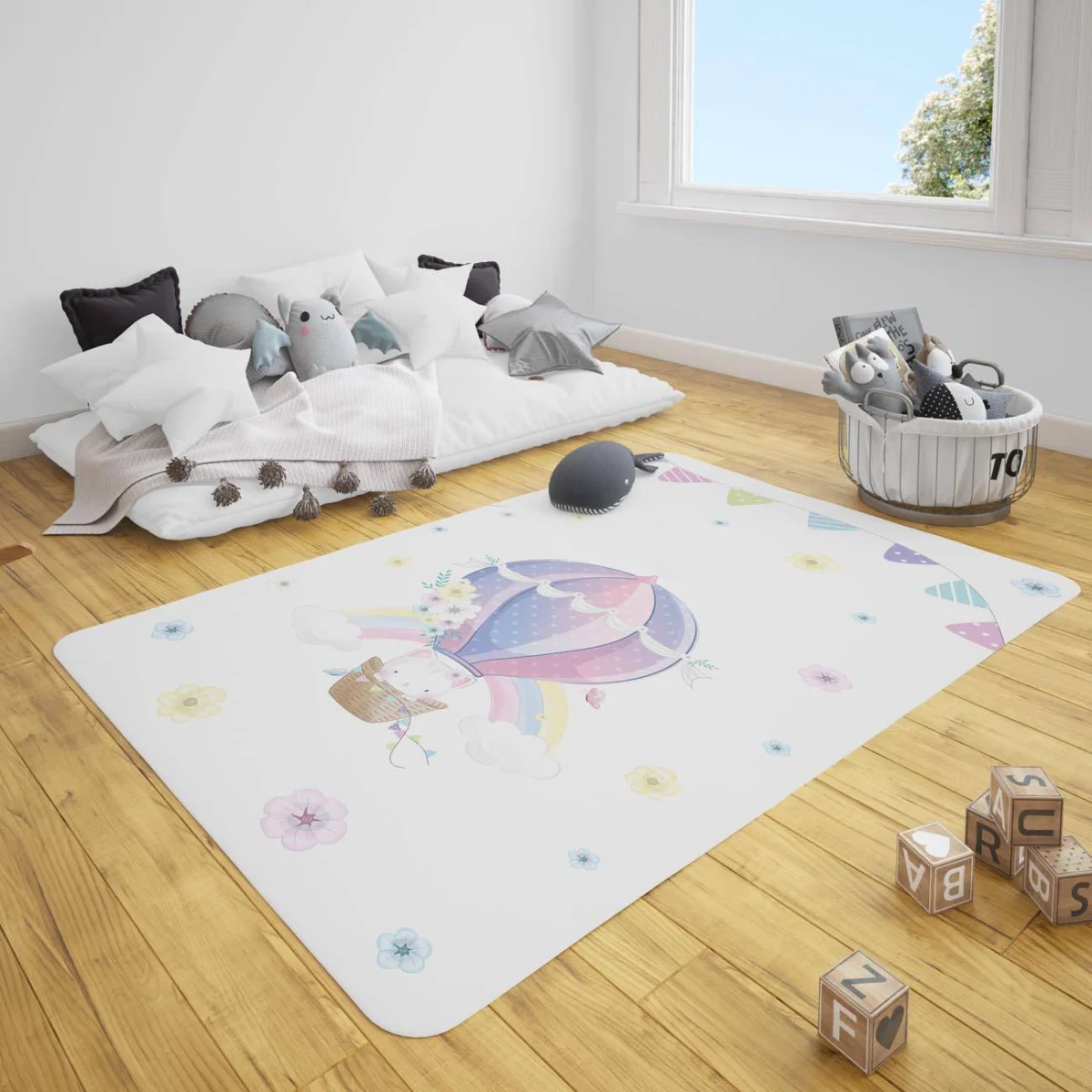 Sıcak Hava Balonu ve Kedi Çocuk Halısı | Beyaz gökkuşağı, bulutlar Desenli