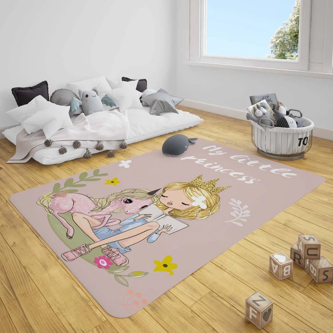 Prenses ve Unicorn Çocuk Halısı | Pembe Kelebekler, çiçekler Desenli
