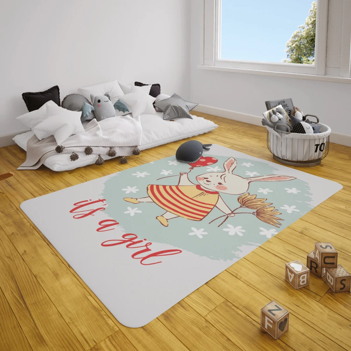 Sevimli Tavşan Çocuk Halısı | Beyaz küçük çiçekler, kalp balon Desenli