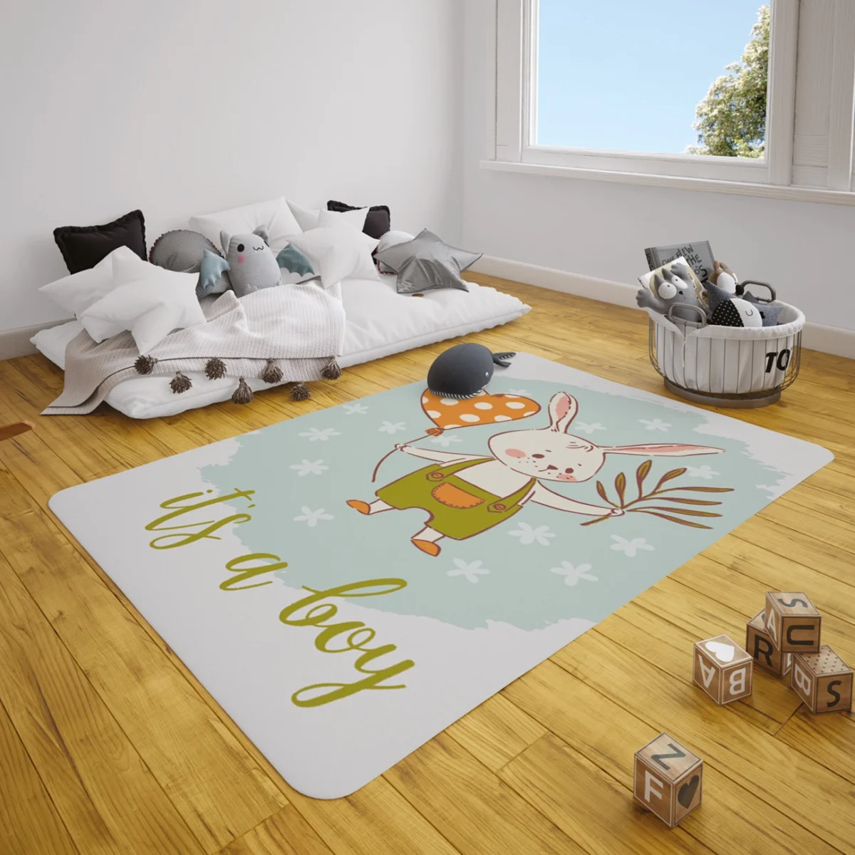 Tavşan Çocuk Halısı | Beyaz Kalpli balon, yapraklar Desenli