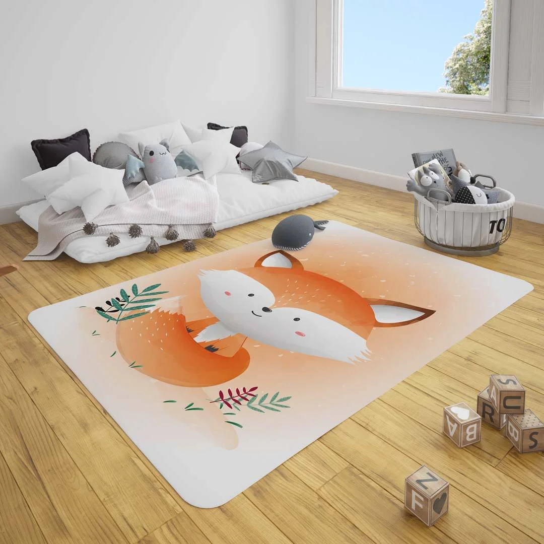 Tilki Çocuk Halısı | Turuncu yeşil yapraklar, beyaz benekler Desenli