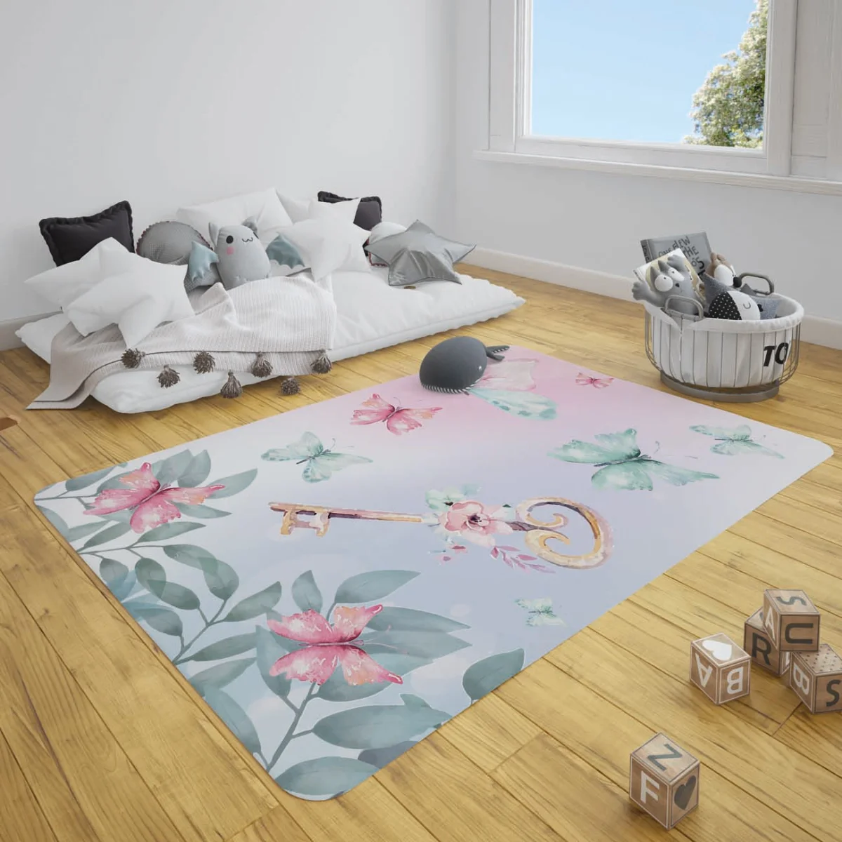 Kelebekler Çocuk Halısı | Pembe Yapraklar, çiçekler Desenli