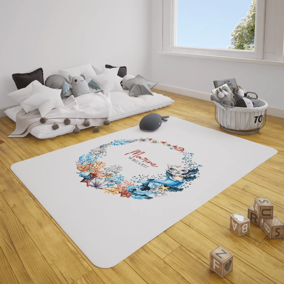 Deniz Kızı Kedi, Marine Çelenk Çocuk Halısı | Beyaz Mercanlar, deniz kabukları Desenli