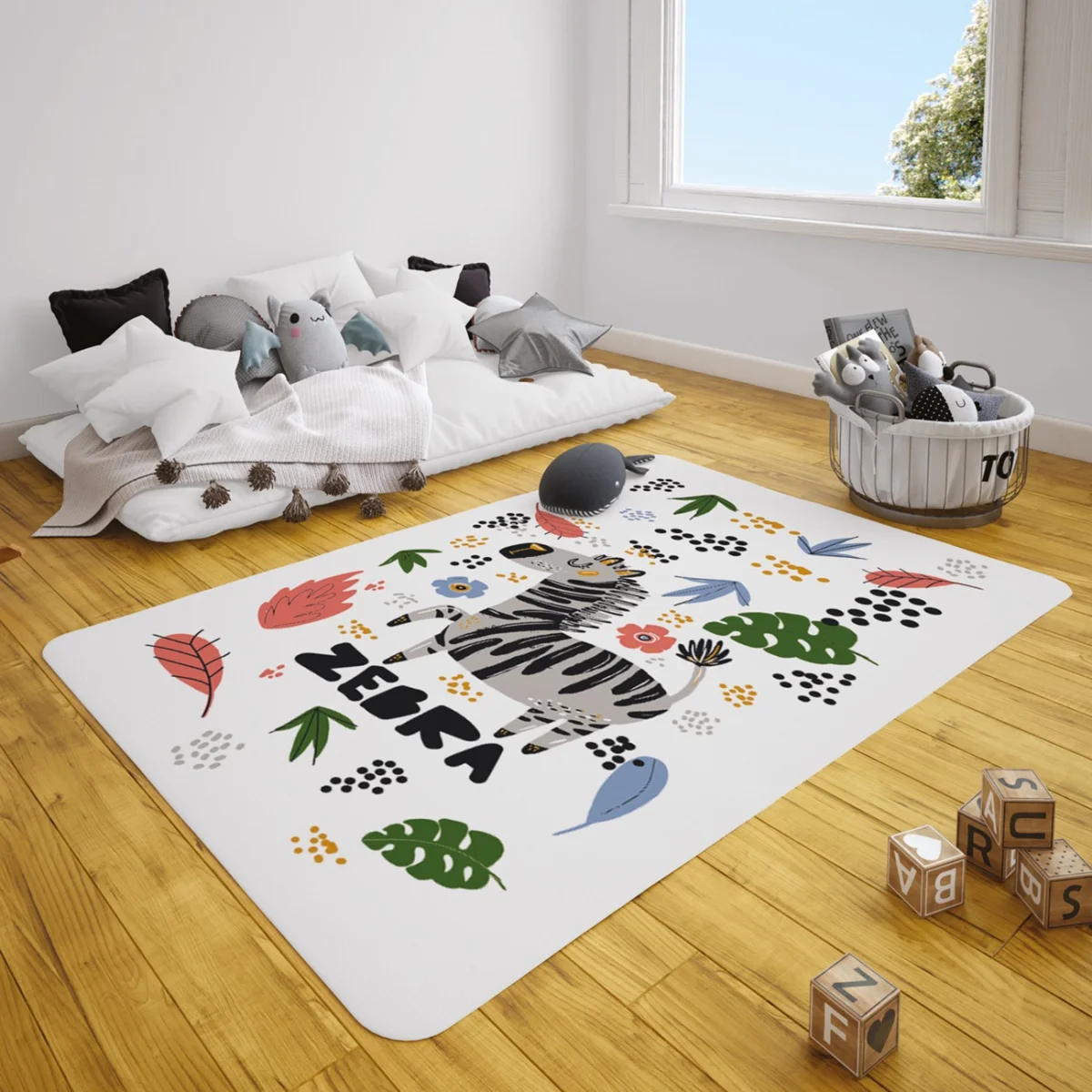 Zebra Çocuk Halısı | Beyaz noktalar, yapraklar Desenli