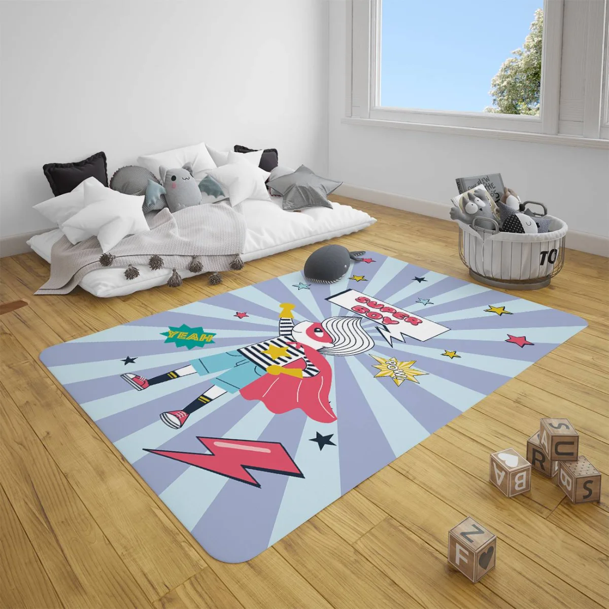Süper Kahraman Çocuk Halısı | Mavi yıldızlar, şimşek Desenli