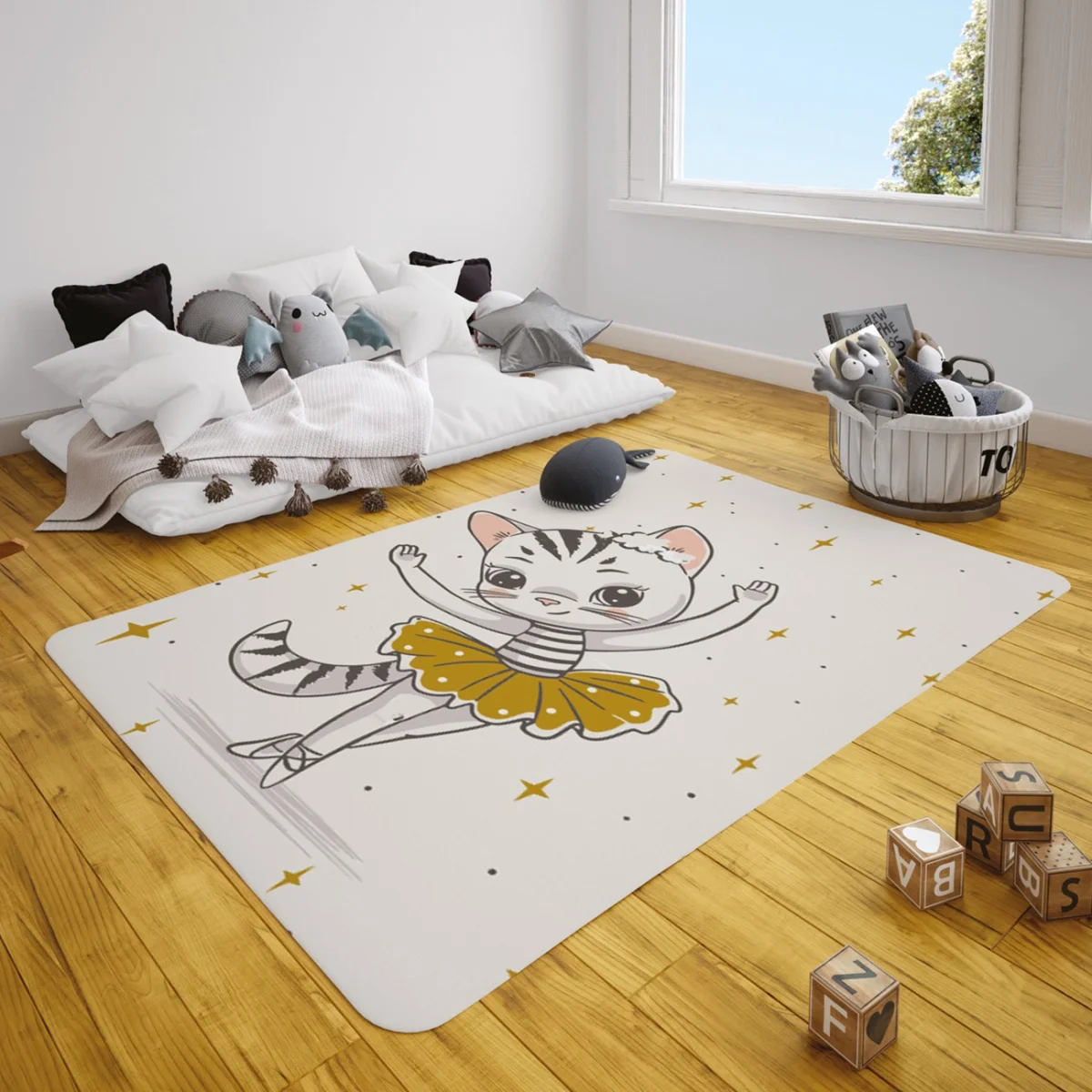 Balet Kedi Çocuk Halısı | Beyaz yıldızlar, puantiye Desenli