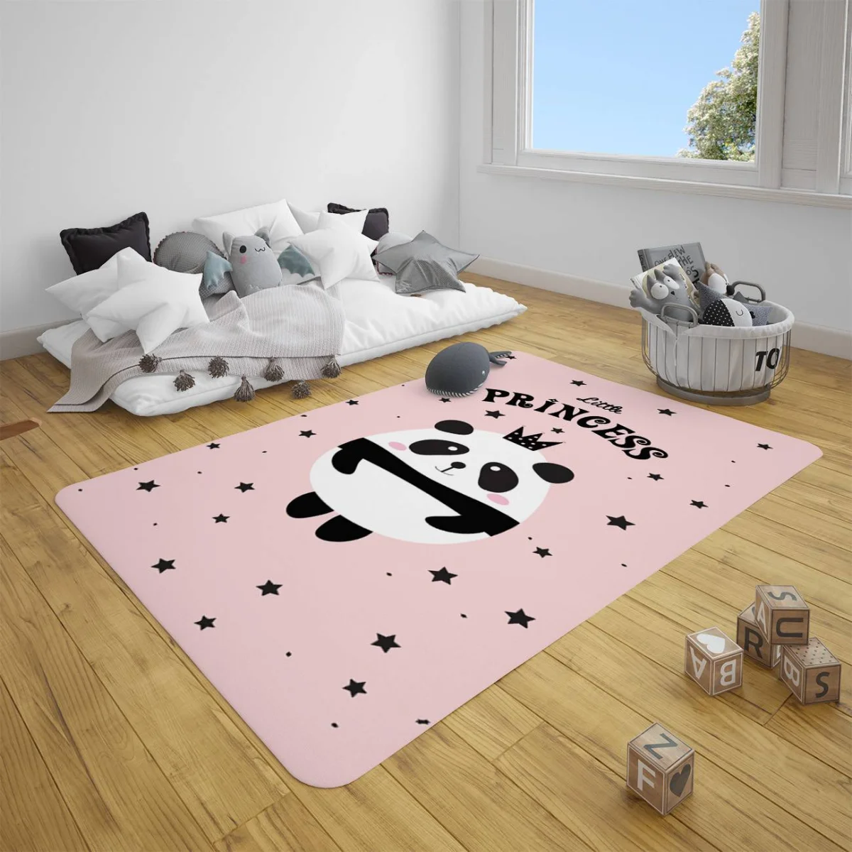 Panda Çocuk Halısı | Pembe yıldızlar, taç Desenli