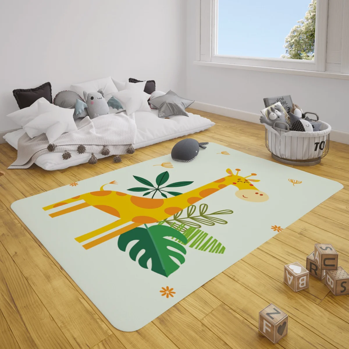Zürafa, Orman Hayvanları Çocuk Halısı | Açık Yeşil tropikal yapraklar, çiçekler Desenli