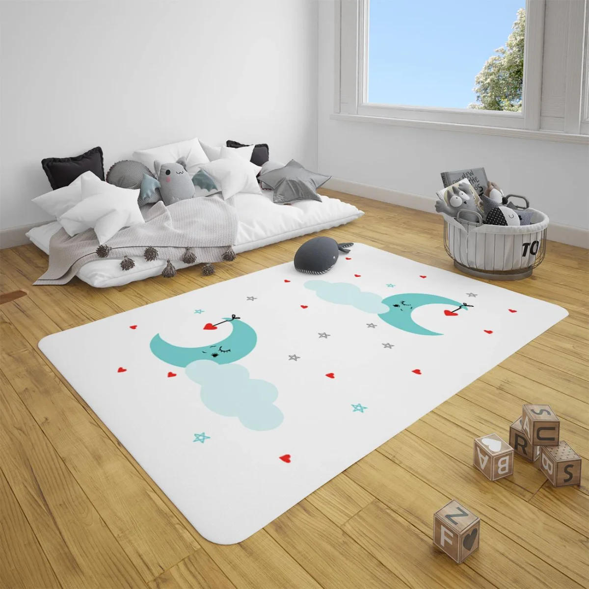 Ay ve Kalpler Çocuk Halısı | Beyaz uyuyan ay, bulut Desenli