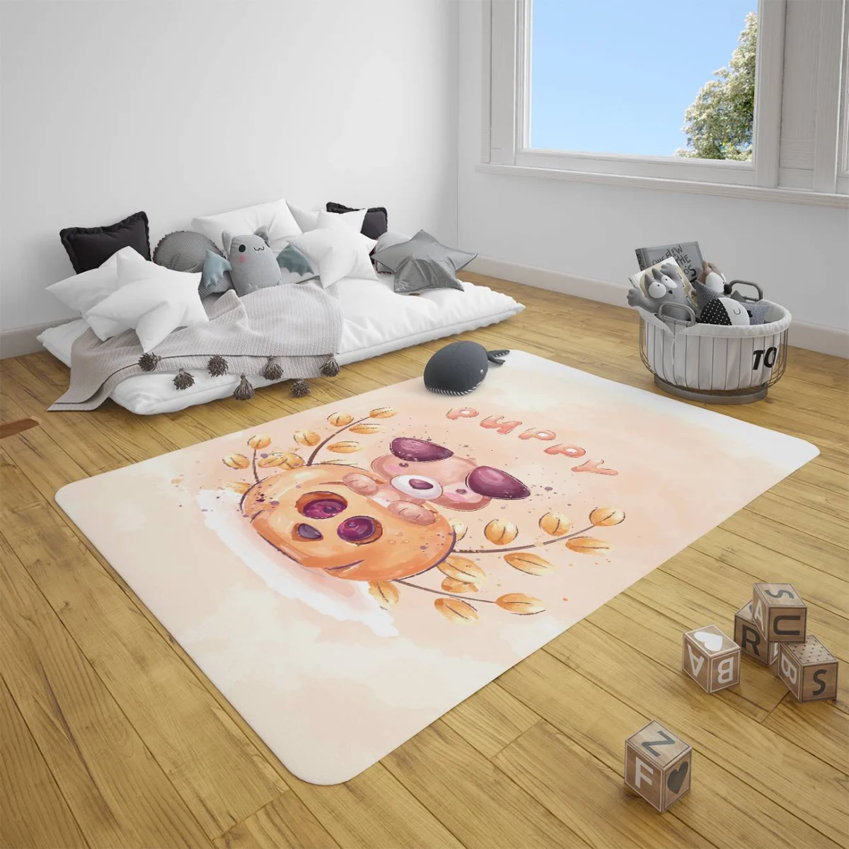 Köpek Yavrusu Çocuk Halısı | Şeftali balkabağı, sonbahar dalları Desenli