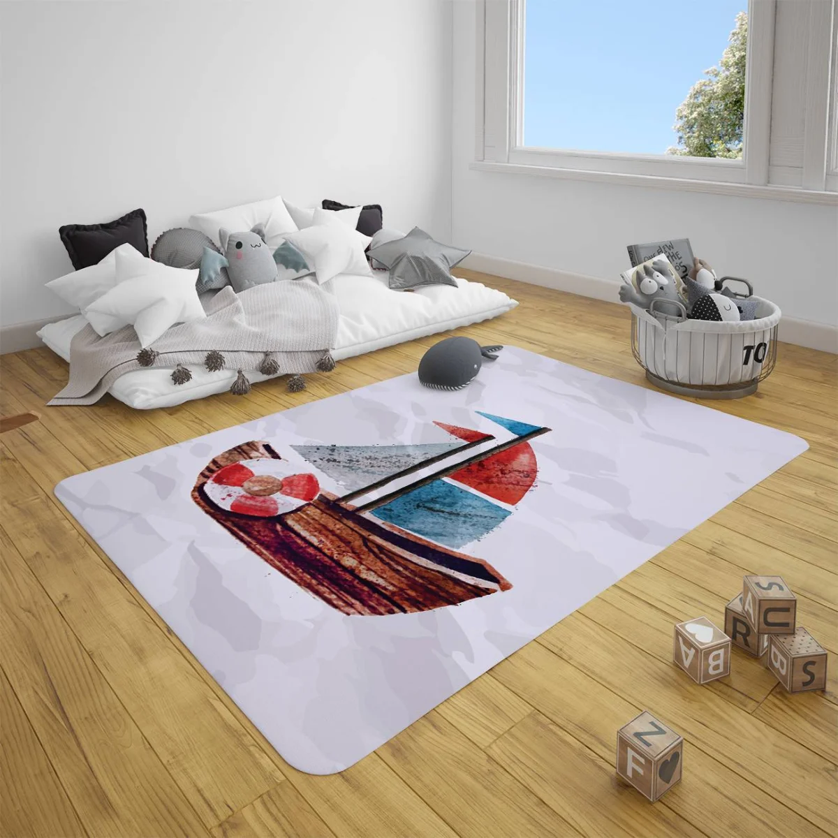 Yelkenli Tekne Çocuk Halısı | Beyaz cankurtaran simidi, kırmızı Desenli