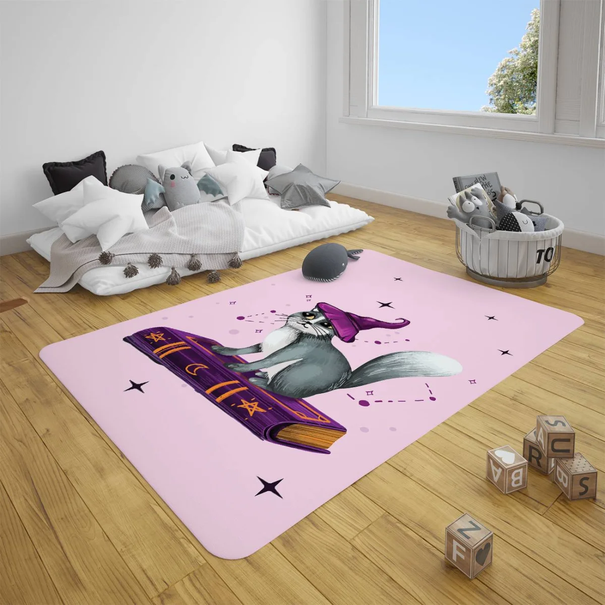 Sihirli Kedi Çocuk Halısı | Açık Mor Yıldızlar, ay Desenli