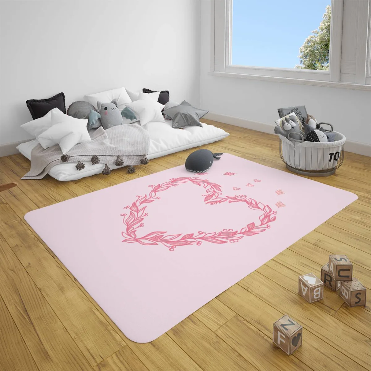 Kalp Çocuk Halısı | Pembe yapraklı dallar, minik kalpler Desenli