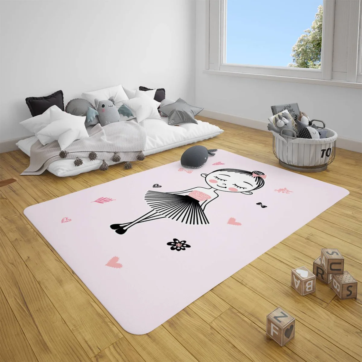 Balerin kız ve kedi Çocuk Halısı | Pembe kalpler, fiyonklar Desenli
