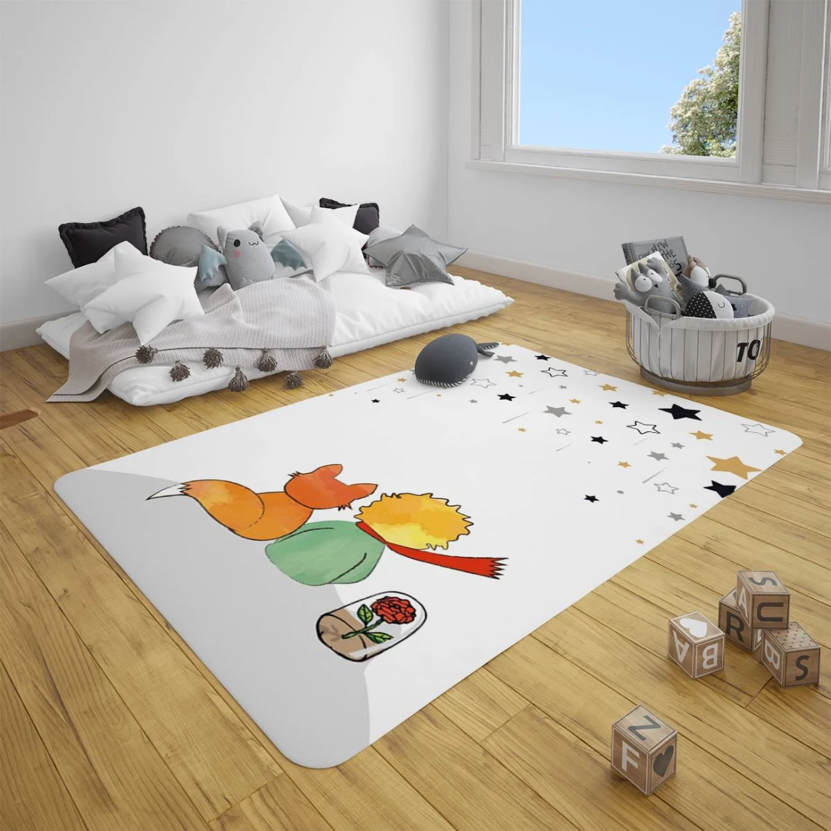 Küçük Prens, Tilki, Gül Çocuk Halısı | Beyaz yıldızlar, gri Desenli