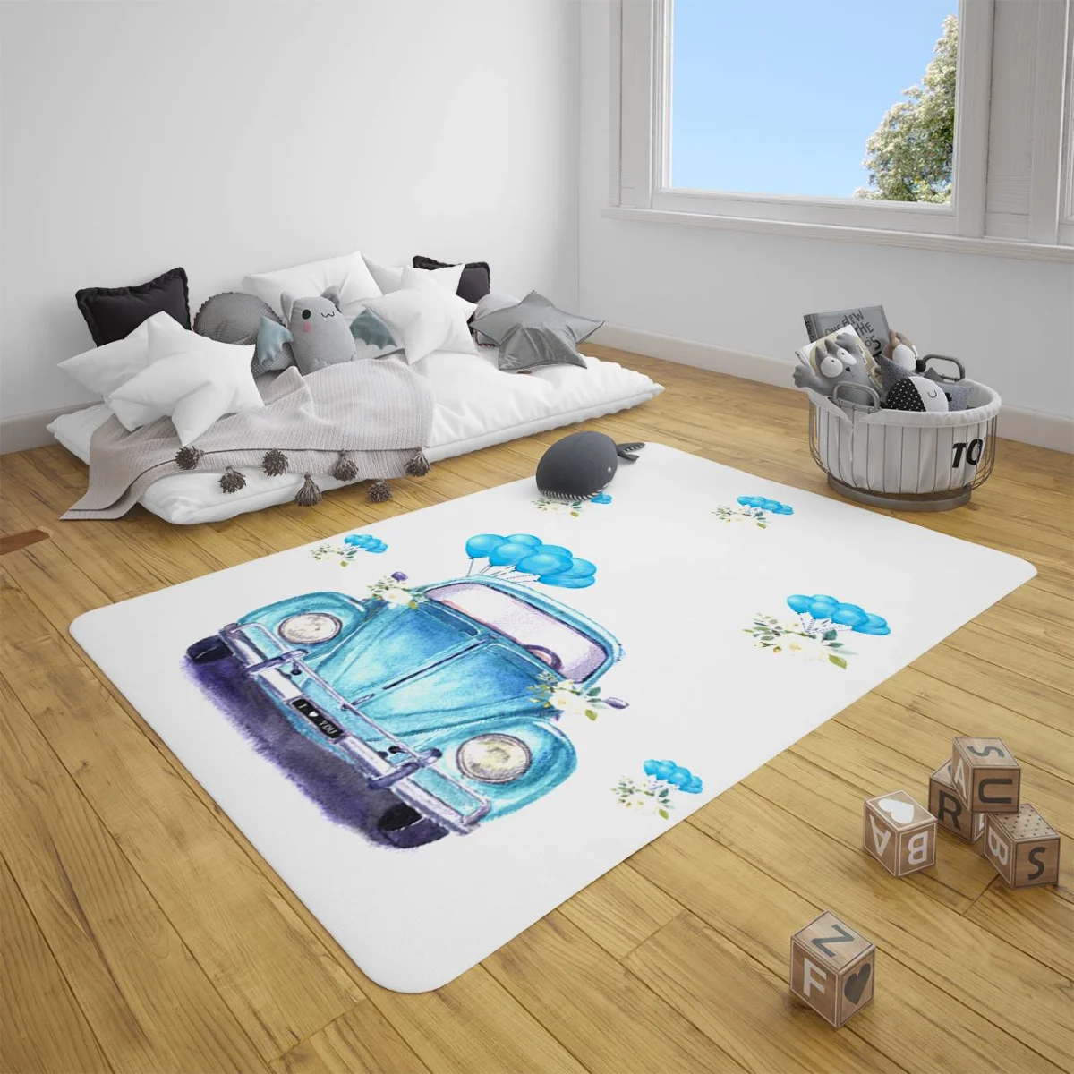 Araba Çocuk Halısı | Beyaz mavi balonlar, beyaz çiçekler Desenli