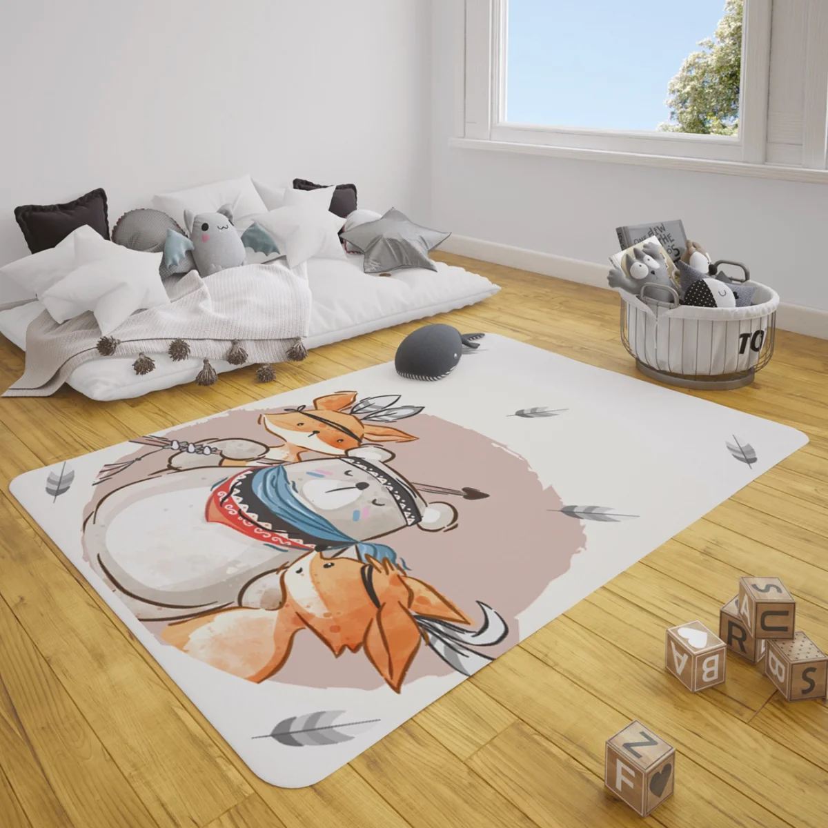 Orman Hayvanları Çocuk Halısı | Beyaz tüyler, ok Desenli