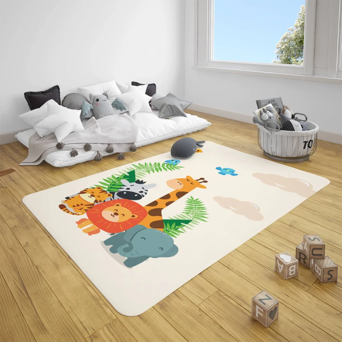 Orman Hayvanları Çocuk Halısı | Beyaz Yapraklar, kuşlar Desenli