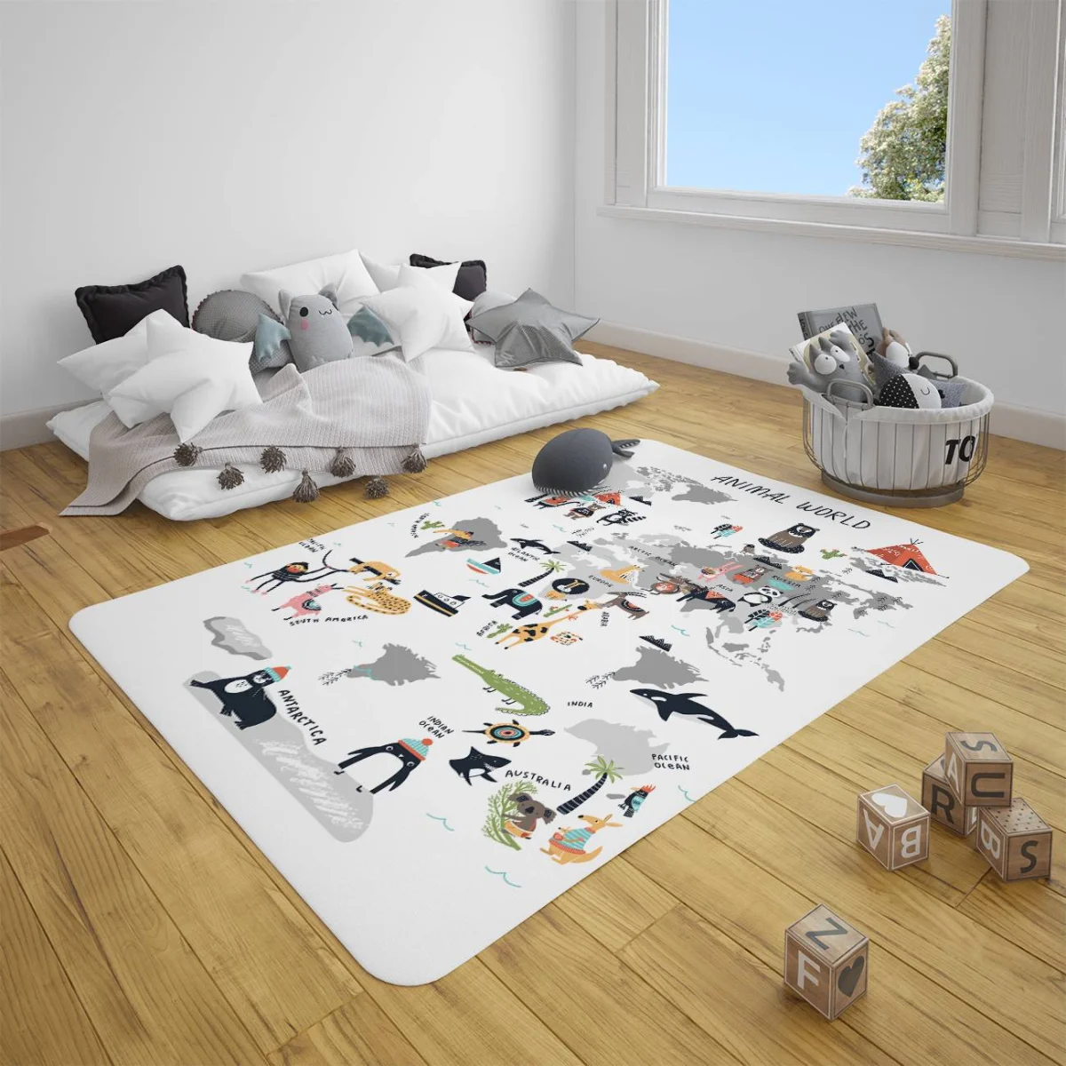 Dünya Haritası ve Hayvanlar Çocuk Halısı | Beyaz kıtalar, okyanuslar Desenli