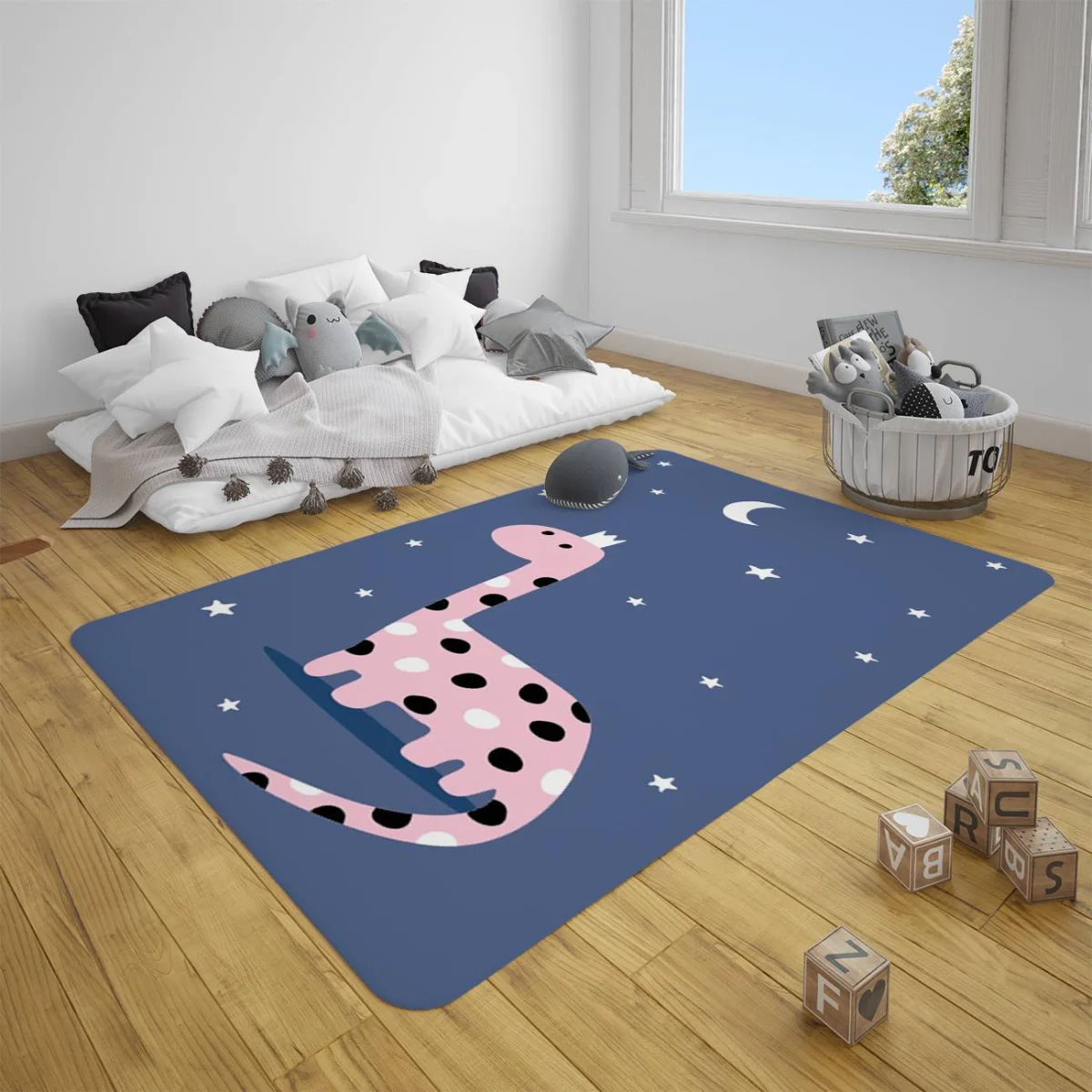 Taçlı Dinozor Çocuk Halısı | Mavi ay, yıldız Desenli