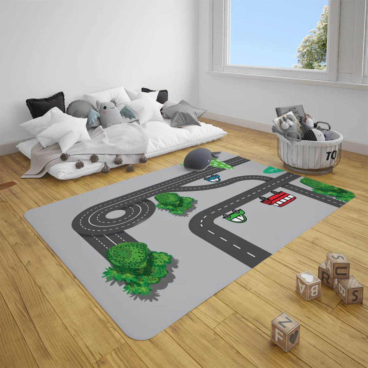 Yollar ve Arabalar Çocuk Halısı | Gri arabalar, ağaçlar Desenli