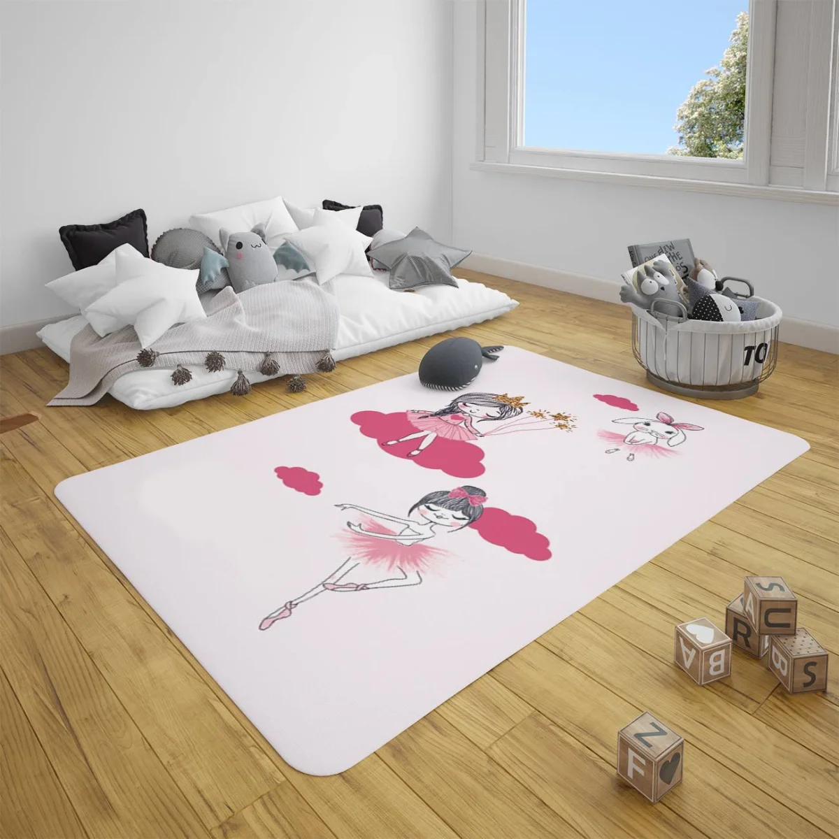Balerin Çocuk Halısı | Pembe bulut, taç Desenli