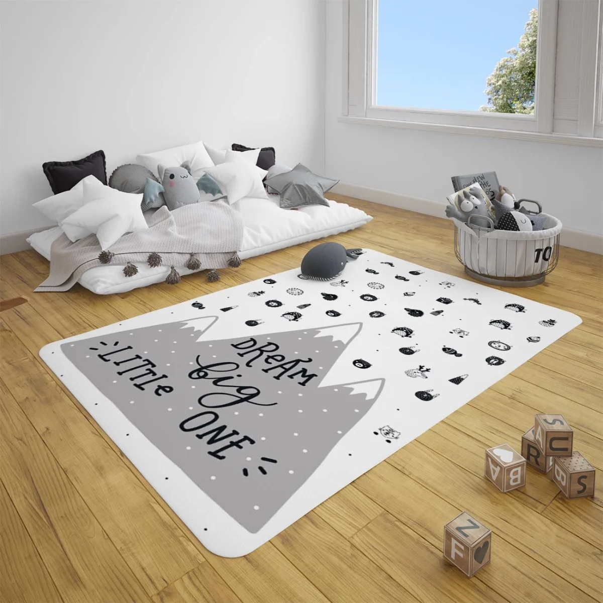 Orman Hayvanları, Dağlar Çocuk Halısı | Beyaz dağlar, kar taneleri Desenli