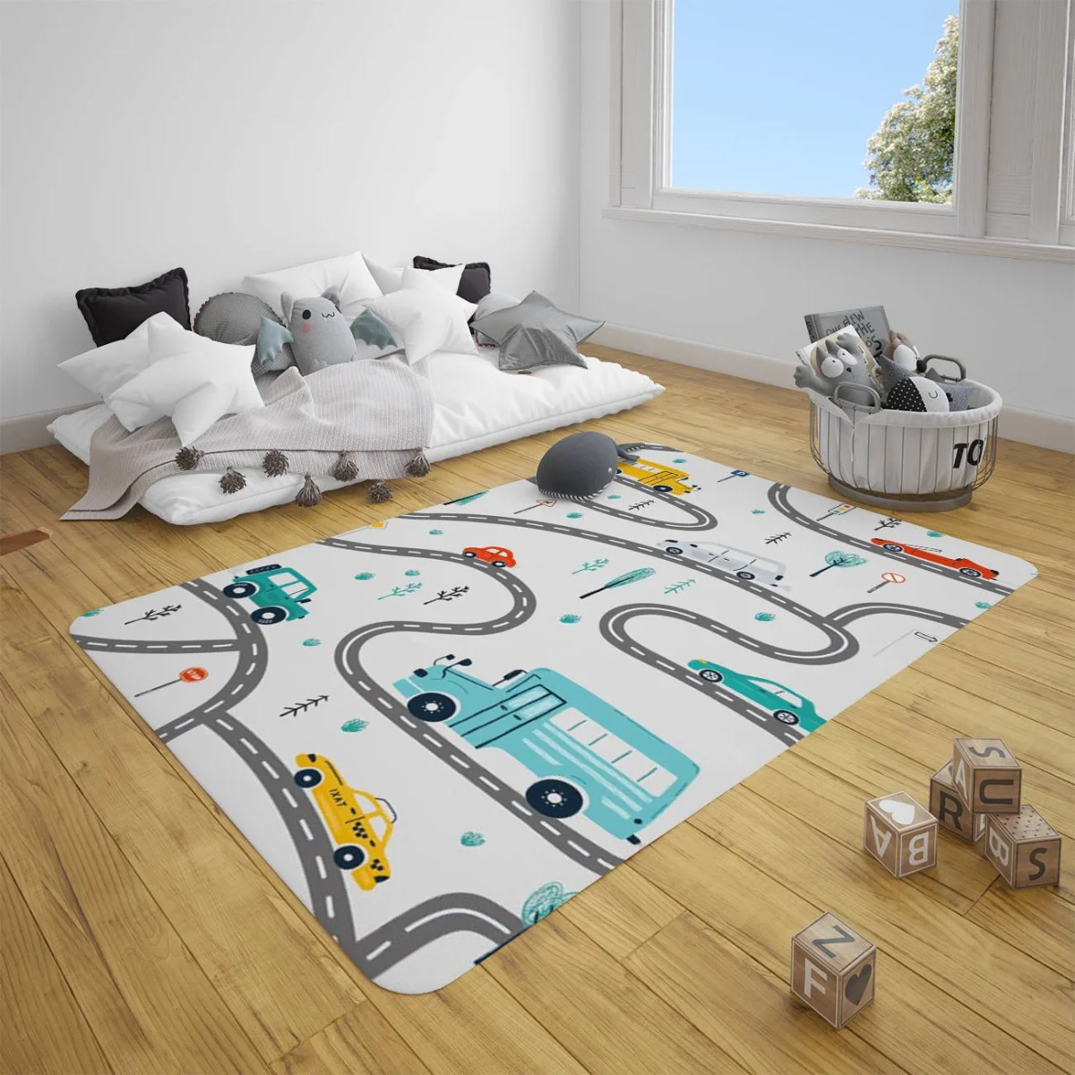 Araçlar Çocuk Halısı | Beyaz yollar, arabalar Desenli