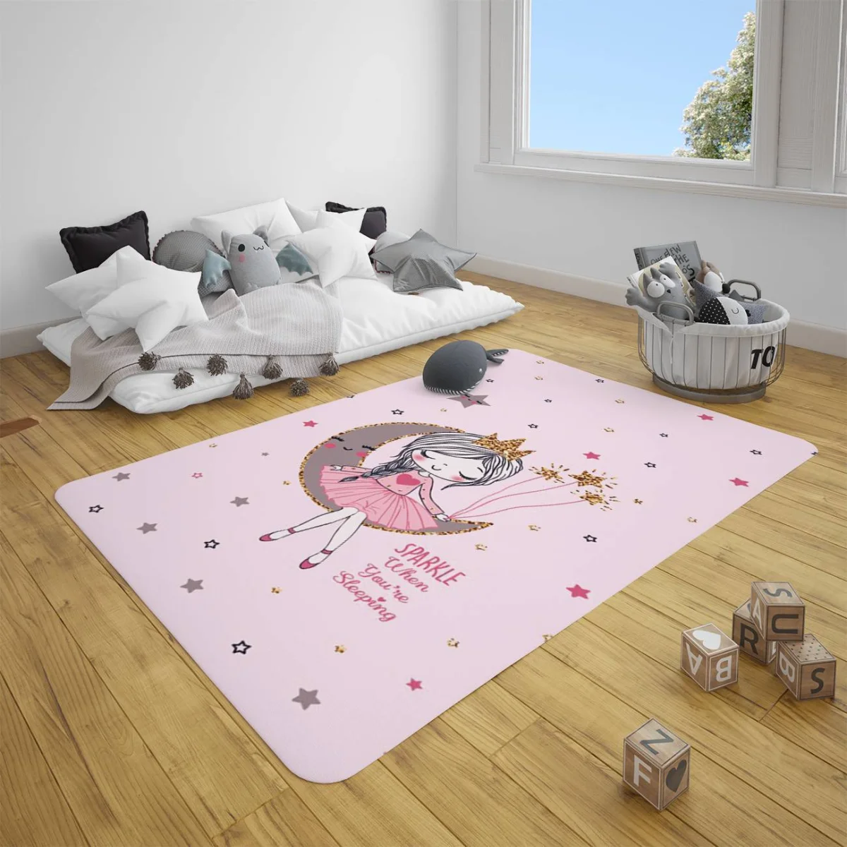Peri kız ve ay Çocuk Halısı | Pembe yıldızlar, pırıltılar Desenli