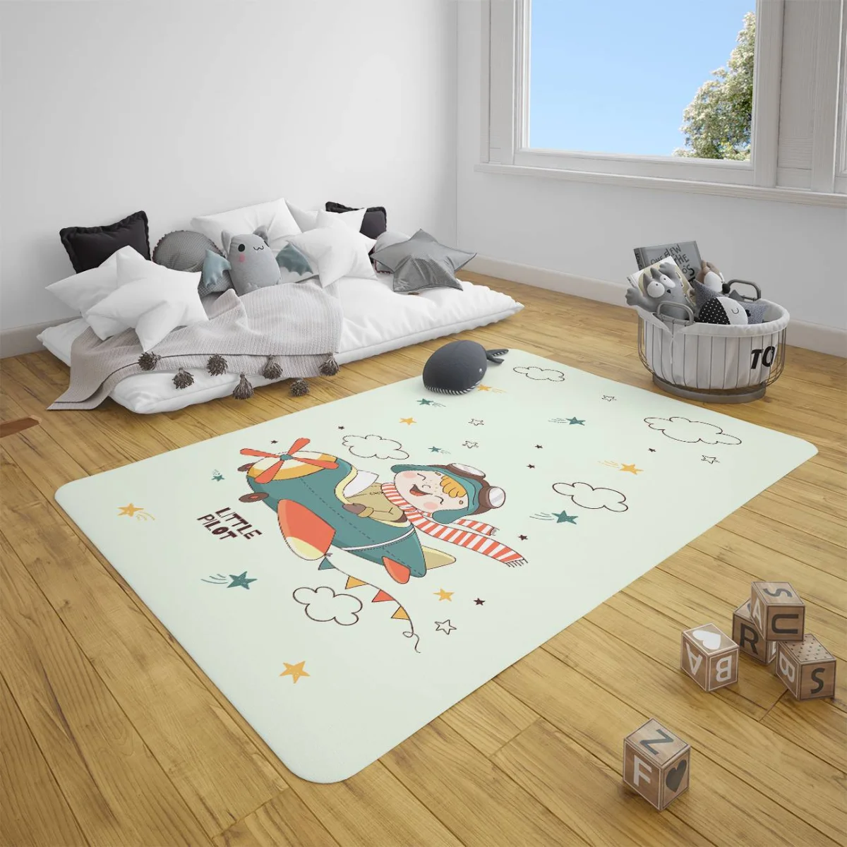 Küçük Pilot, Uçak Çocuk Halısı | Açık Yeşil yıldız, bulut Desenli
