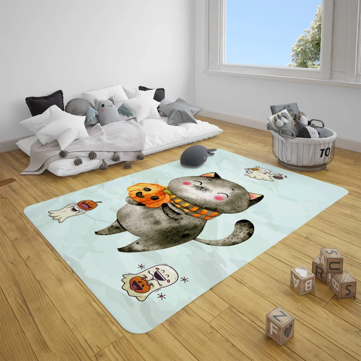 Kedi ve Hayaletler Çocuk Halısı | Açık Mavi Kedi, hayaletler Desenli