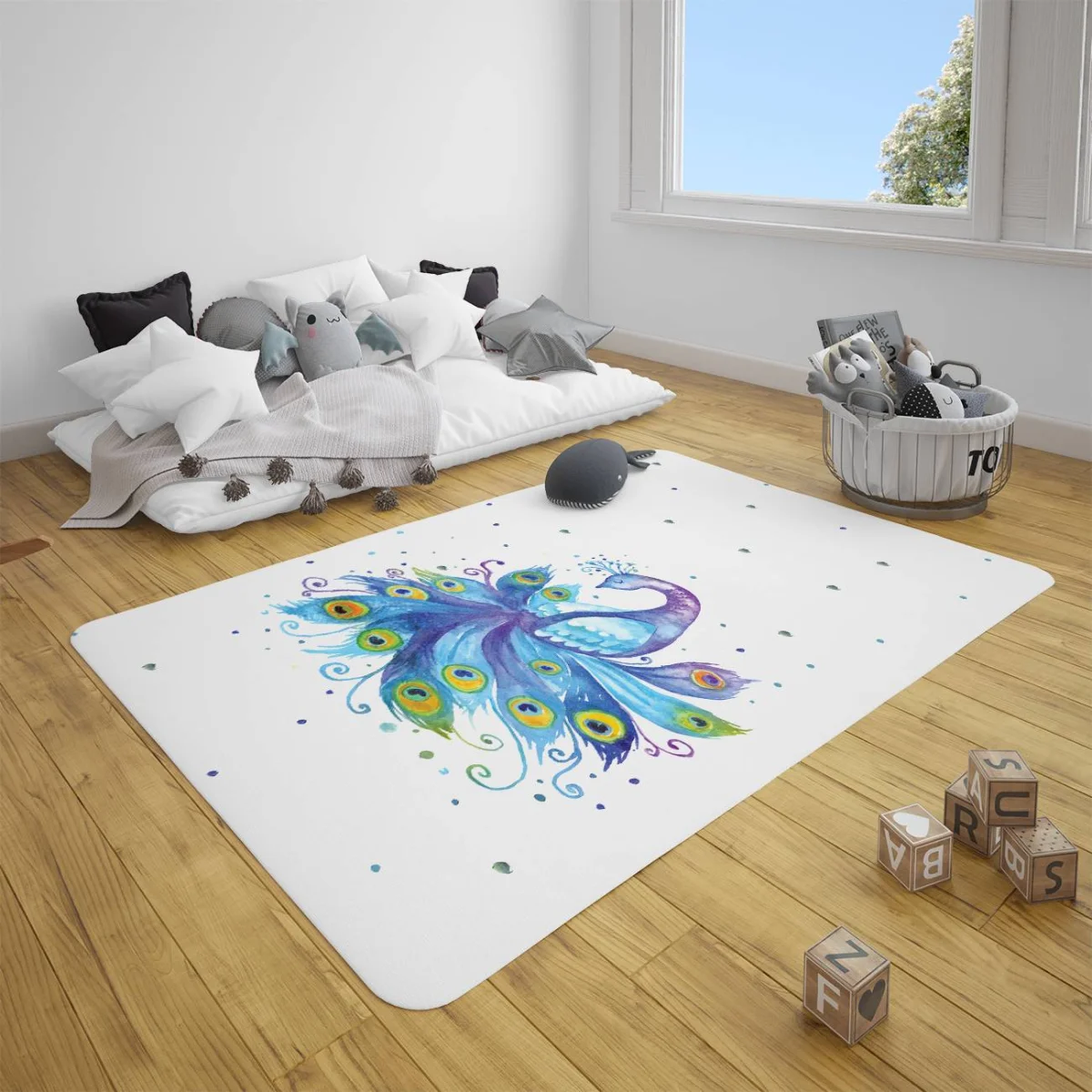 Tavus kuşu Çocuk Halısı | Beyaz Renkli noktalar, stilize kıvrımlar Desenli