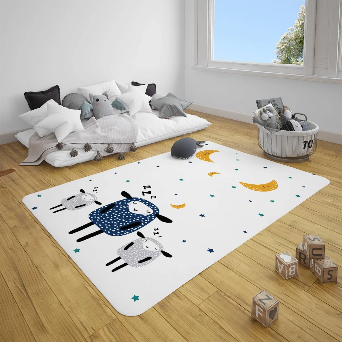 Koyunlar ve Uyku Teması Çocuk Halısı | Beyaz Uyuyan koyunlar, ay ve yıldızlar Desenli
