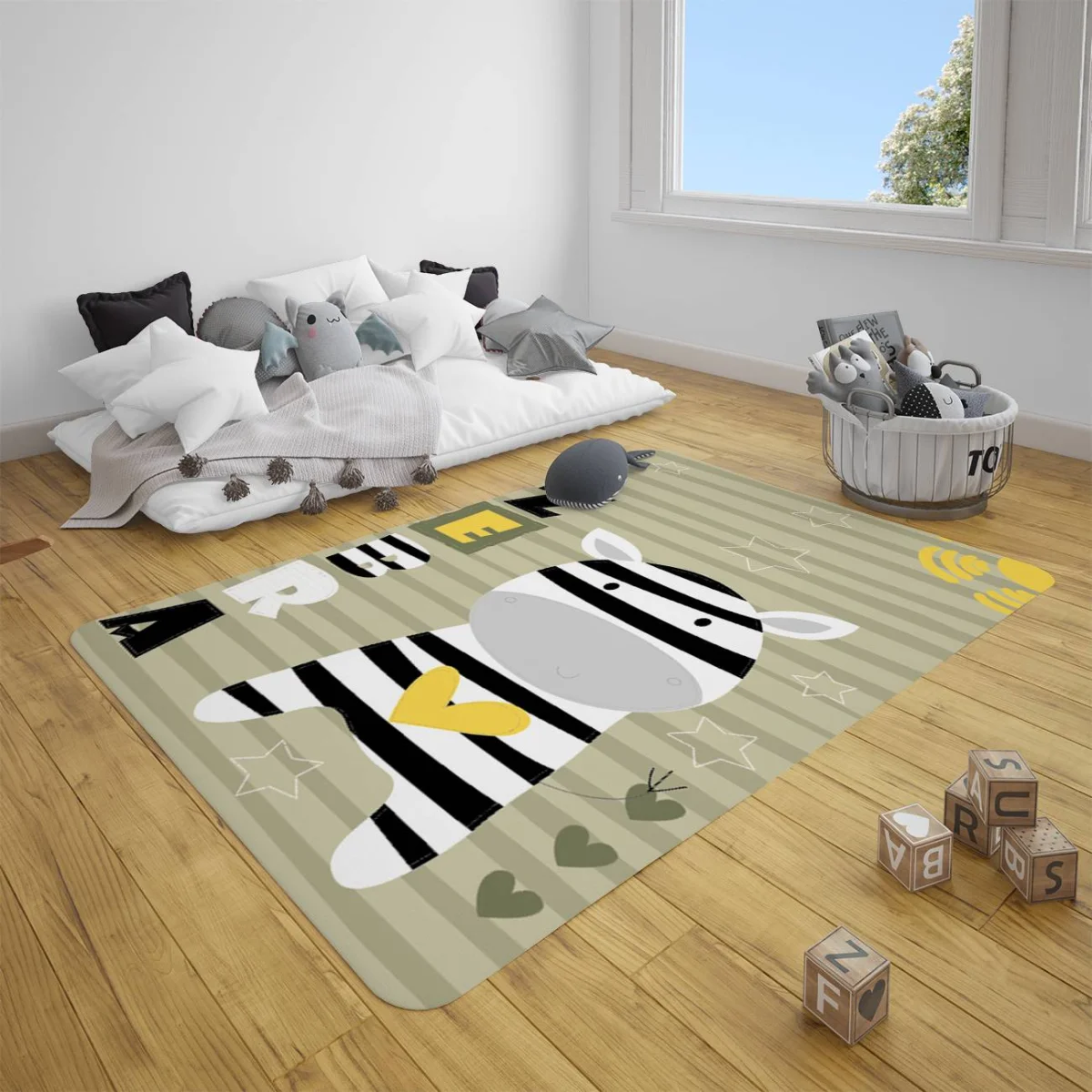 Zebra Çocuk Halısı | Yeşil çizgiler, yıldız Desenli